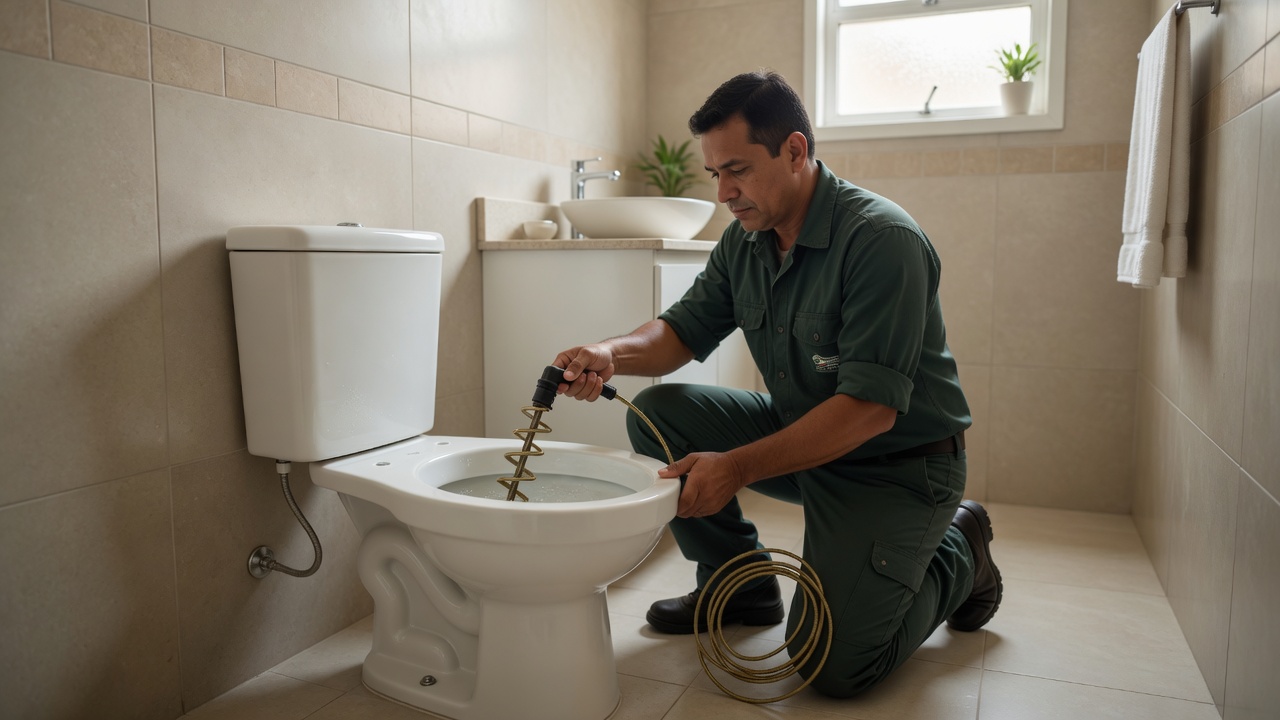Técnico da Desentupidora GeralTec desentupindo vaso sanitário com cabo sanitário em banheiro residencial