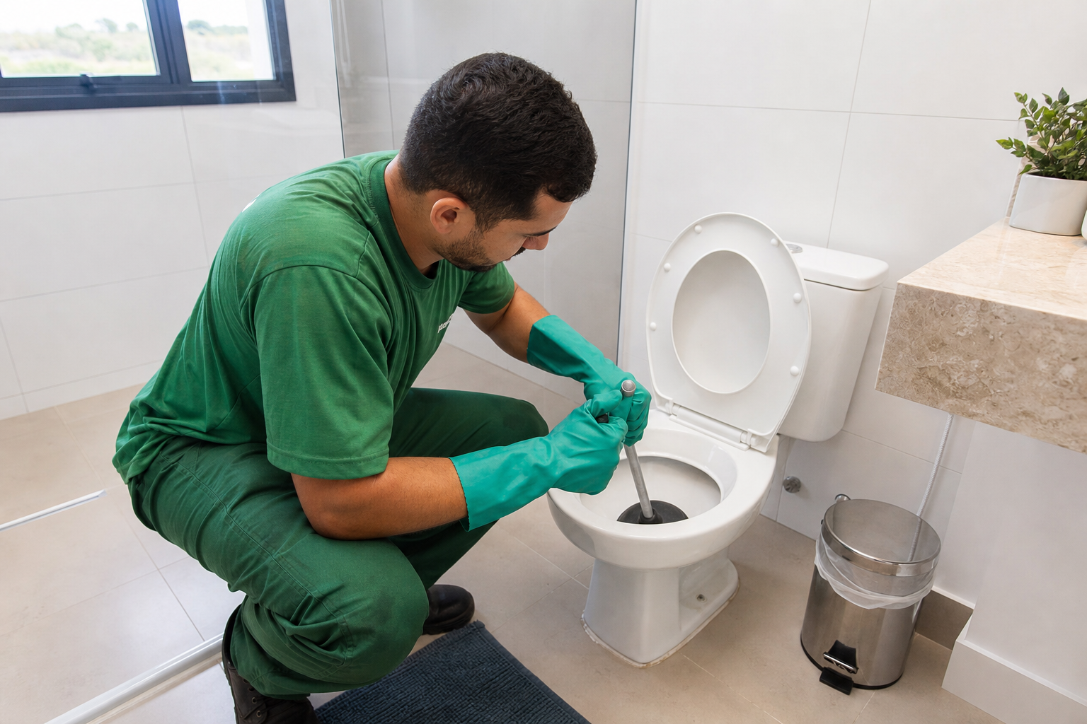 Técnico da Desentupidora GeralTec em uniforme verde desentupindo vaso sanitário residencial entupido em Batatais, SP