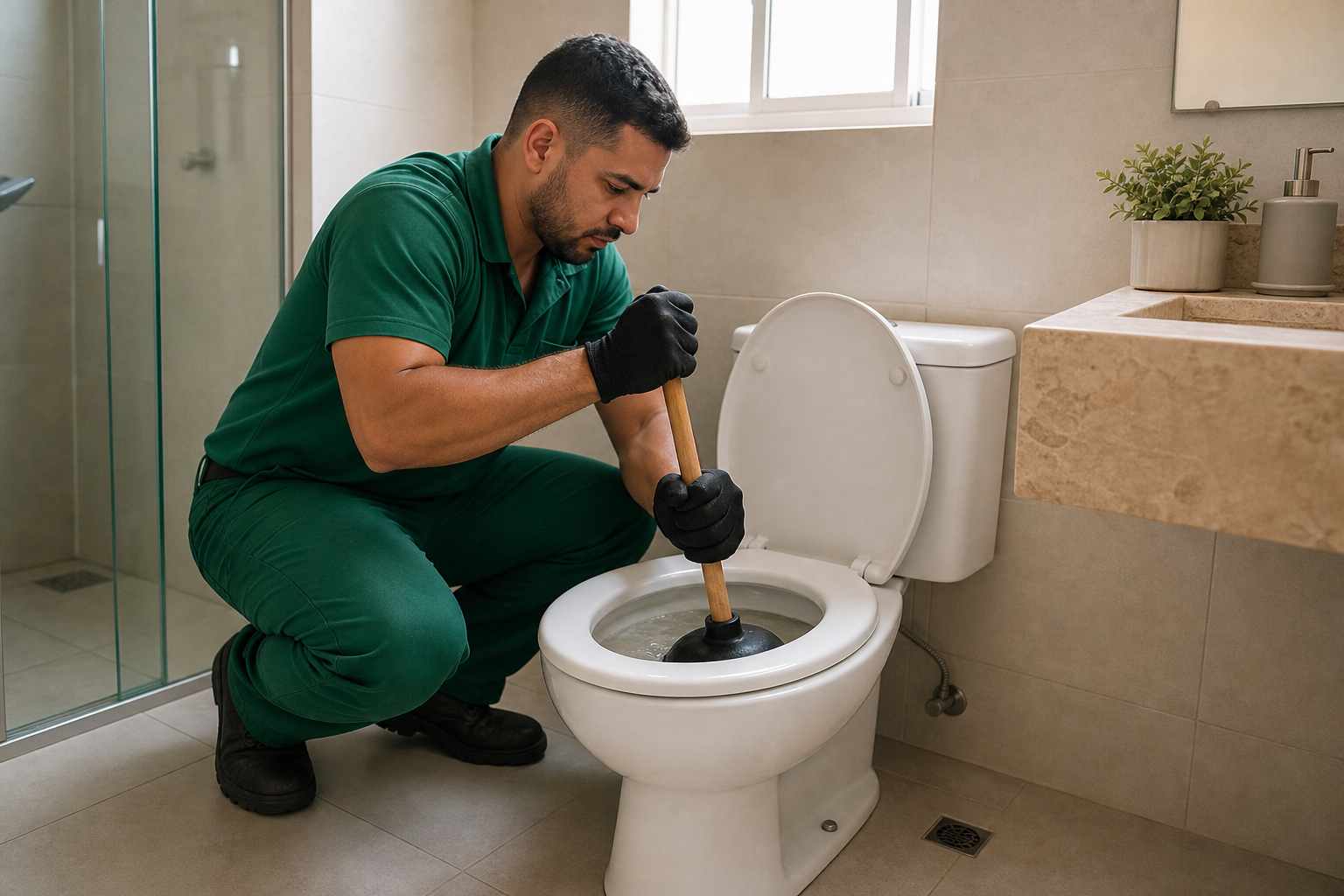 Técnico da Desentupidora GeralTec em uniforme verde desentupindo vaso sanitário residencial entupido em Jaboticabal, SP