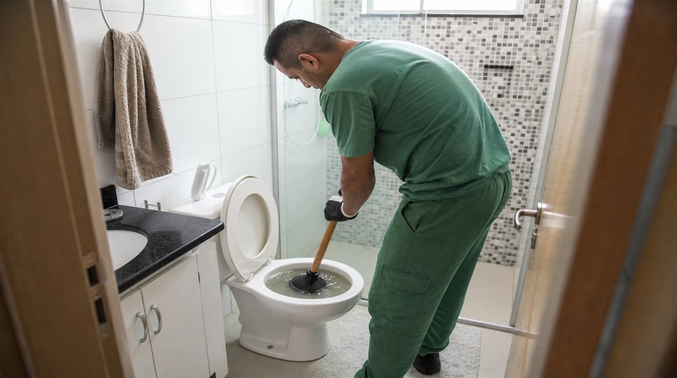 Técnico da Desentupidora GeralTec em uniforme verde desentupindo vaso sanitário residencial entupido em Mococa, SP