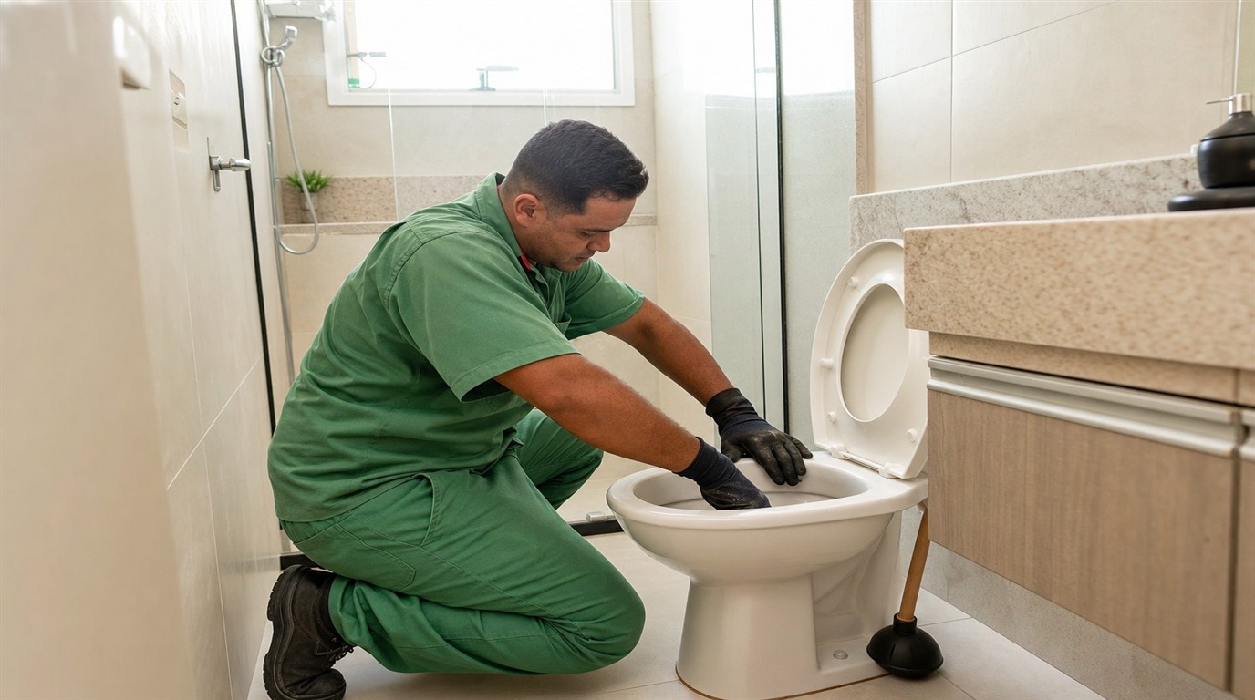 Técnico da Desentupidora GeralTec em uniforme verde avaliando vaso sanitário entupido em banheiro residencial em Sertãozinho, SP